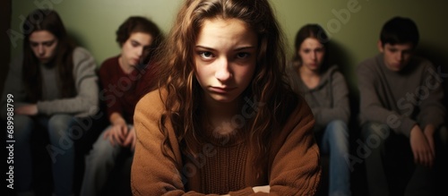 Teen girl expressing emotions in children's support group portrait. photo