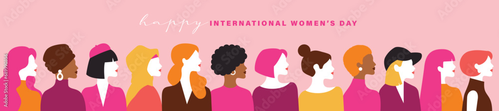 March 8, International Women's Day. Vector illustration group of women in flat style design. - obrazy, fototapety, plakaty 