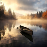 A lone canoe on a mist-covered lake