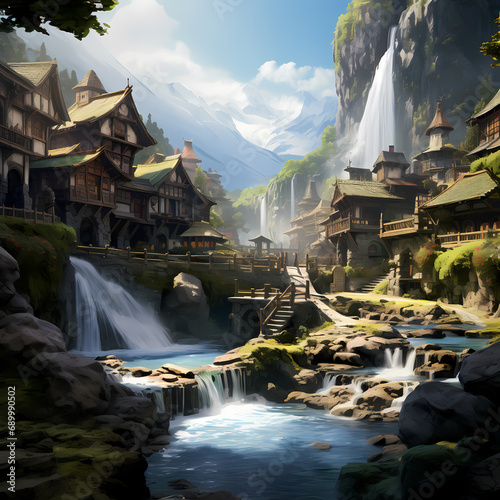 A peaceful village by a cascading waterfall.