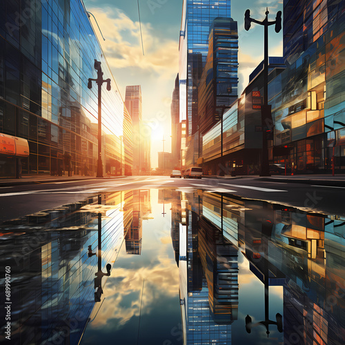 A modern cityscape with reflections in glass buildings