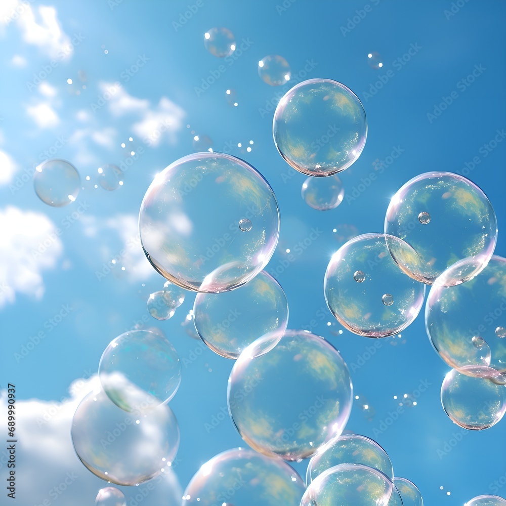 Soap Bubbles on A Blue Natural Background. Soap Sud Bubbles Water.