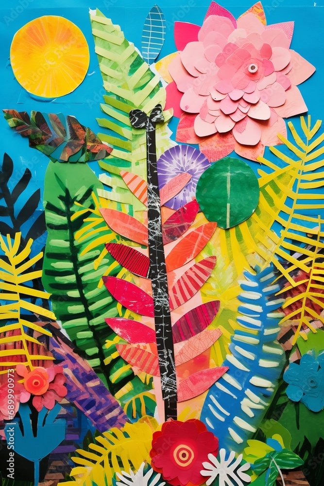 Creative collage with tropical flowers, shining sun, abstract print.