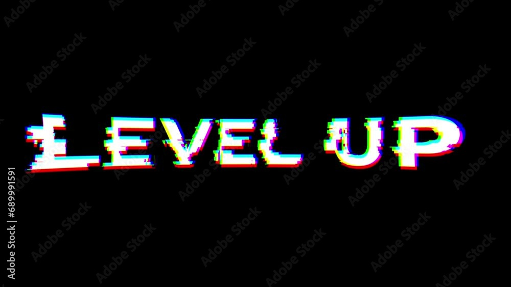 Level up sign with glitch effect on black background. Abstract cyberpunk animation. Alpha channel included Level up sign with glitch effect on black background. Abstract cyberpunk animation. Alpha channel included