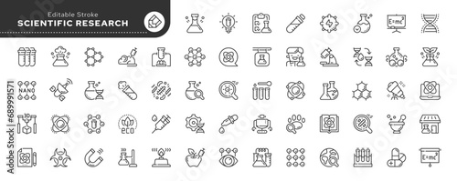 Set of line icons in linear style. Series - Scientific research and science. Laboratory. Chemical experience and experiment. Molecula and atom. Outline icon collection. Conceptual pictogram and infogr photo