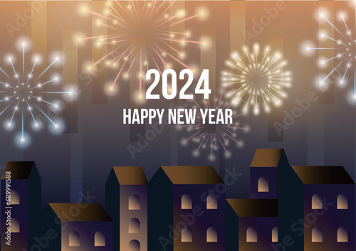 Happy New Year 2024 with Fireworks and Cityscape Vector
