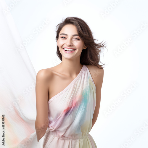 Portrait of beautiful female model with moisturized, clean natural skin, white smile, laughing and smiling, applying face care lotion, cream