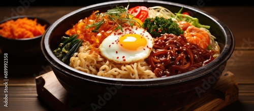 Traditional Korean noodle pot with Ramyeon, egg yolk, chilli, and pickled vegetables.