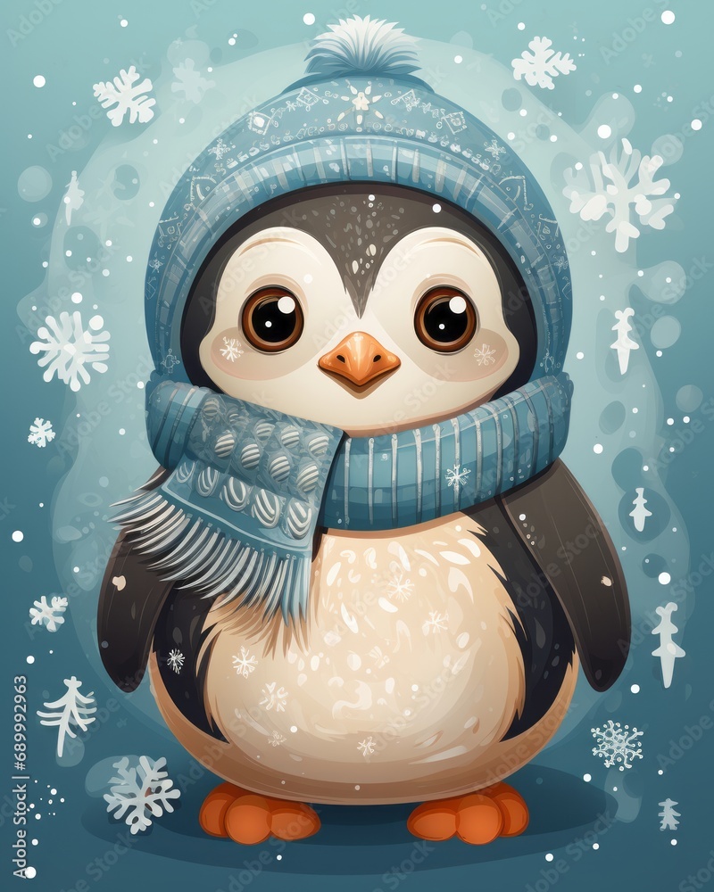 A rosy-cheeked penguin in a cozy sweater, surrounded by snowflakes, in a charming, kitschy style, flat colors, simple lines, ideal for a children's book illustration