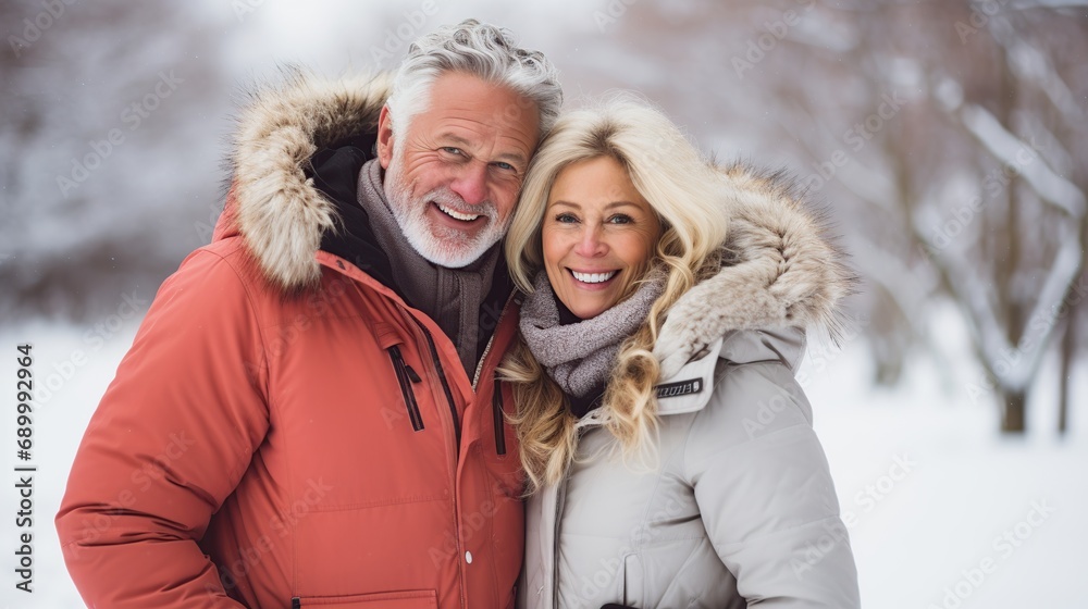 Happy mature couple in winter during snow wearing winter clothes, Generative AI