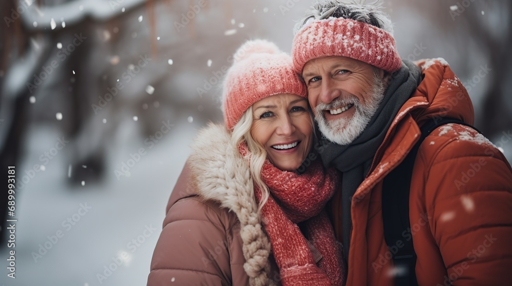 Happy mature couple in winter during snow wearing winter clothes, Generative AI Happy mature couple in winter during snow wearing winter clothes, Generative AI
