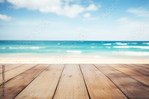 Wooden floor with sea background