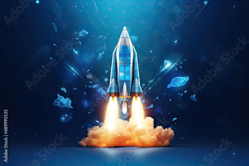 Rocket flying up into out space  galaxy background