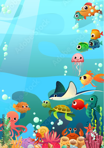 underwater world of animals  fish and plants. Tropical species. Cartoon fun style Illustration vector