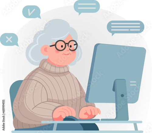 Elderly woman working on computers. Vector illustration