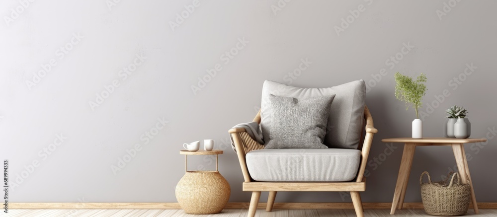 Scandinavian-style living room with gray furniture and wicker chair Scandinavian-style living room with gray furniture and wicker chair