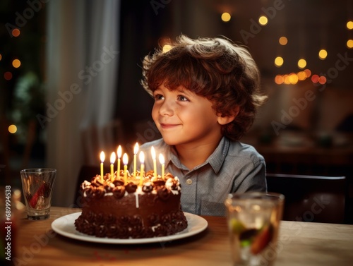 Caucasian boy holding birthday cake at the party
