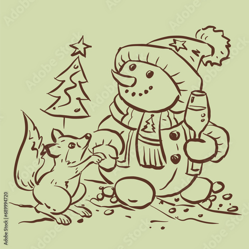 Snowman with a Christmas tree vector for card decoration illustration