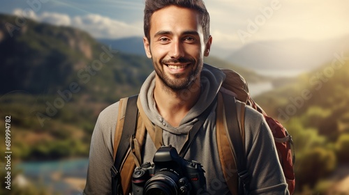 Portrait of a creative photographer smiling, with a camera and a picturesque outdoor setting in the background © Emil
