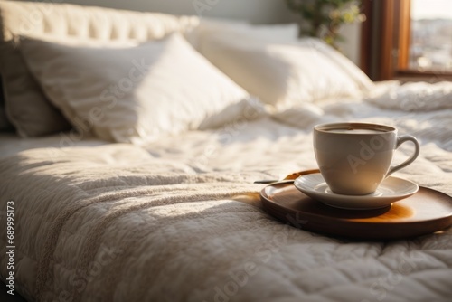 A cup of coffee on a beautiful white bed in the morning.