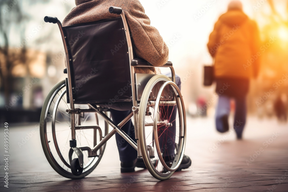 Obraz premium An elderly person with disabilities in a wheelchair in an autumn park. Old age. Walking in a wheelchair in the park.