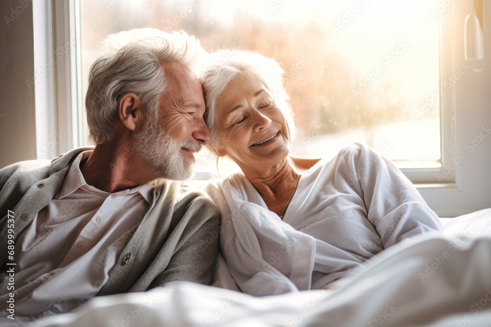 You are the beautiful part of my life. Happy elderly couple cuddling in bed. Romantic feelings. Love. You are the beautiful part of my life. Happy elderly couple cuddling in bed. Romantic feelings. Love.