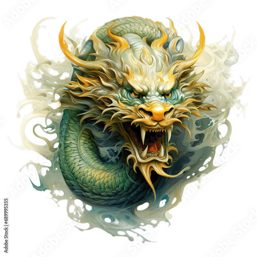 Watercolor green Chinese dragon head isolated on white background | AI-generated