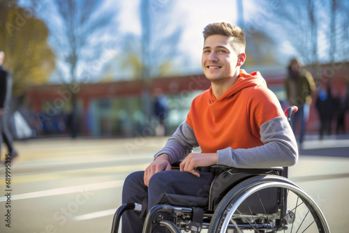 Young guy in a wheelchair at school or college. Education of people with disabilities. Social adaptation.