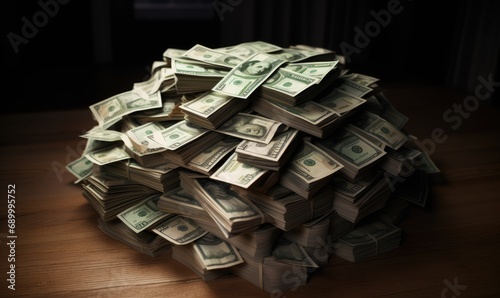 A stack of money sitting on top of a wooden table