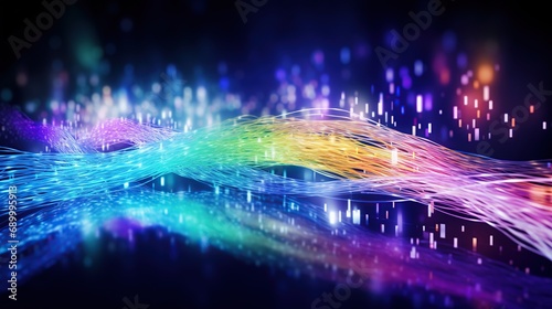 Abstract colorful fiber optic cables glowing neon particles for data transfer  internet connection and data transfer concept. Generative AI