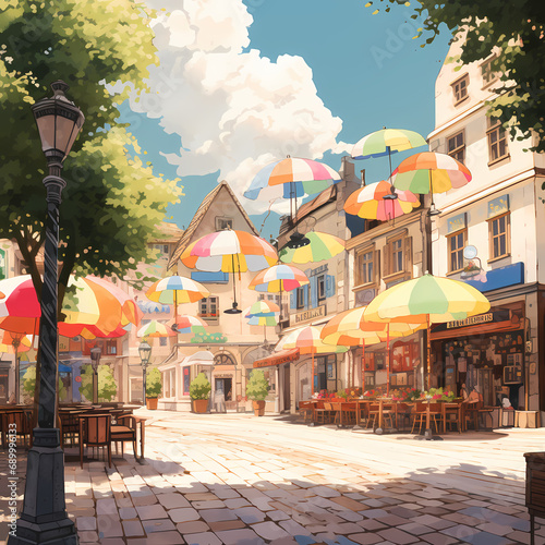 A peaceful village square with colorful umbrellas.