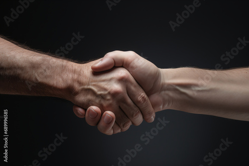 Two male hands shaking hands against a dark black background