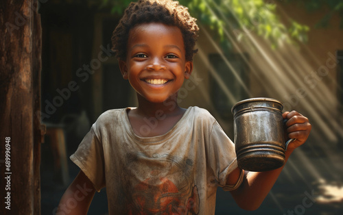 Laughing black boy with jar of water in a poor African village. Water shortage problem. Lack of water, drought