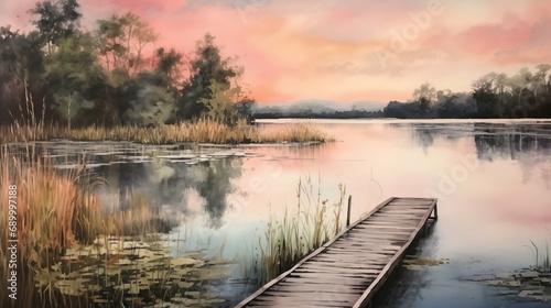 a calm lake at dusk, the sky transitioning from blue to orange and pink, a sturdy wooden dock jutting into the water, surrounded by lush greenery, a sense of peaceful solitude and reflection, Painting