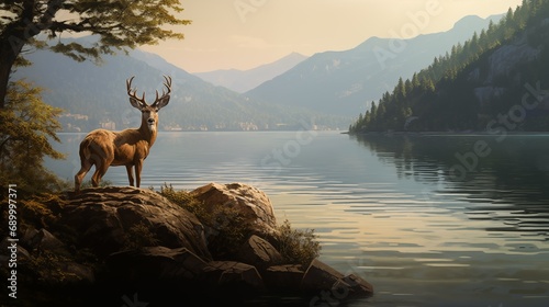 On a sunny morning, a deer stands in a grassy meadow with rolling mountains in the distance