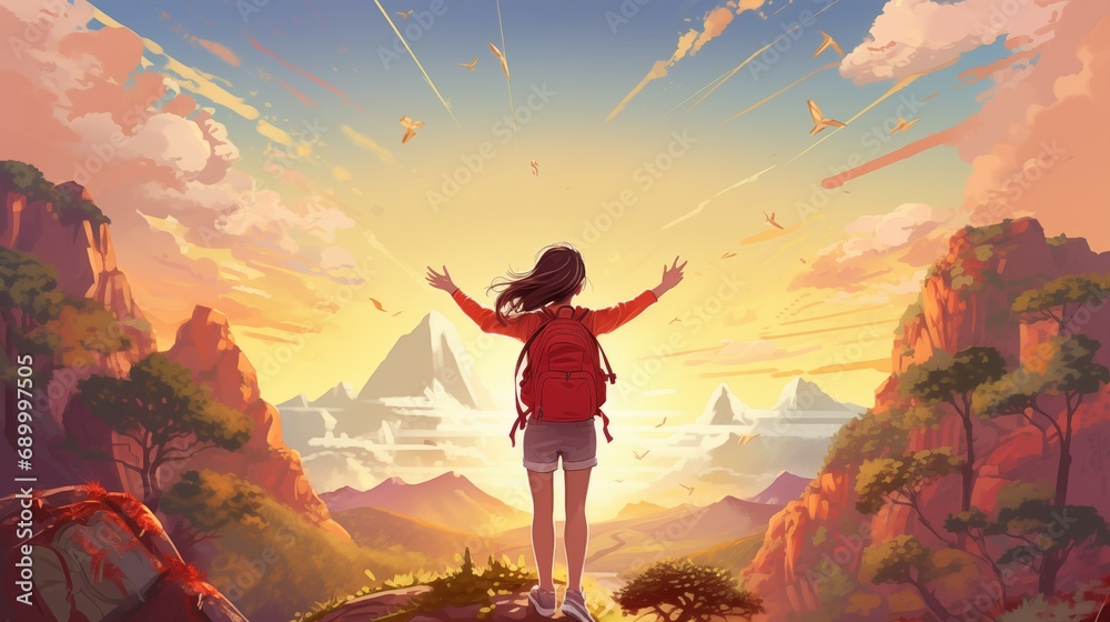 Fototapeta premium a hiking woman with a walks girl in the mountains