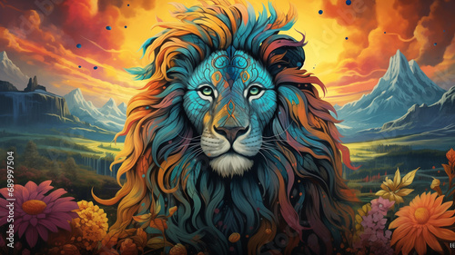 lion imaginative digital artwork featuring a brightly colored animal with a stunning mountainous landscape in the background  the colors