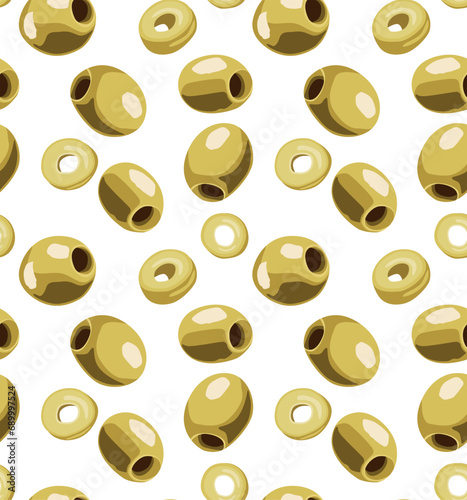 A pattern of yellow olives, pitted and cut into round pieces. Seamless pattern in vector. photo