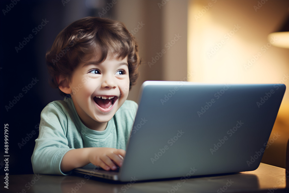 Close up of happy young child typing on laptop computer at home Close up of happy young child typing on laptop computer at home