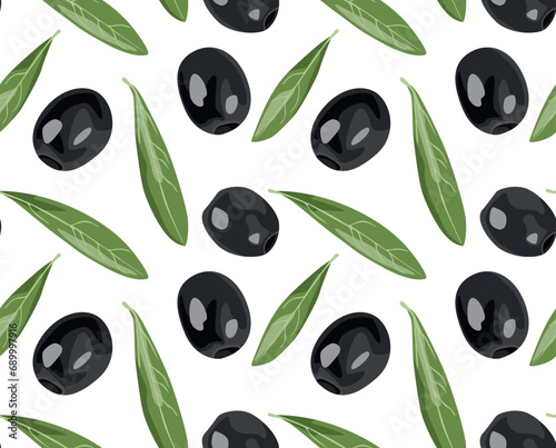 Pattern of black olives with leaves. Seamless pattern in vector.