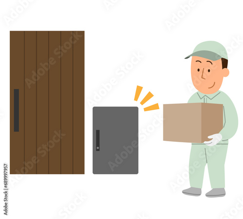 家に荷物を届ける配達員の男性1と宅配ボックス