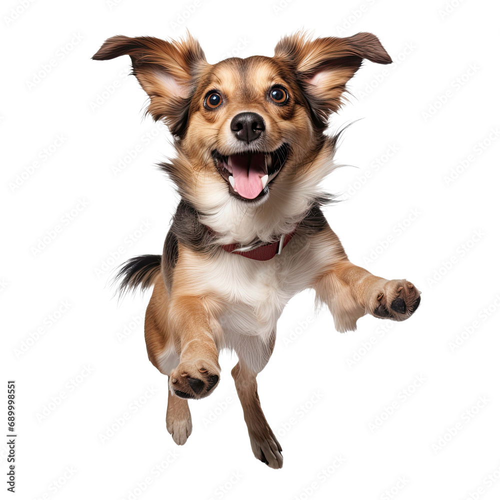 Happy dog jumping, isolated background Happy dog jumping, isolated background