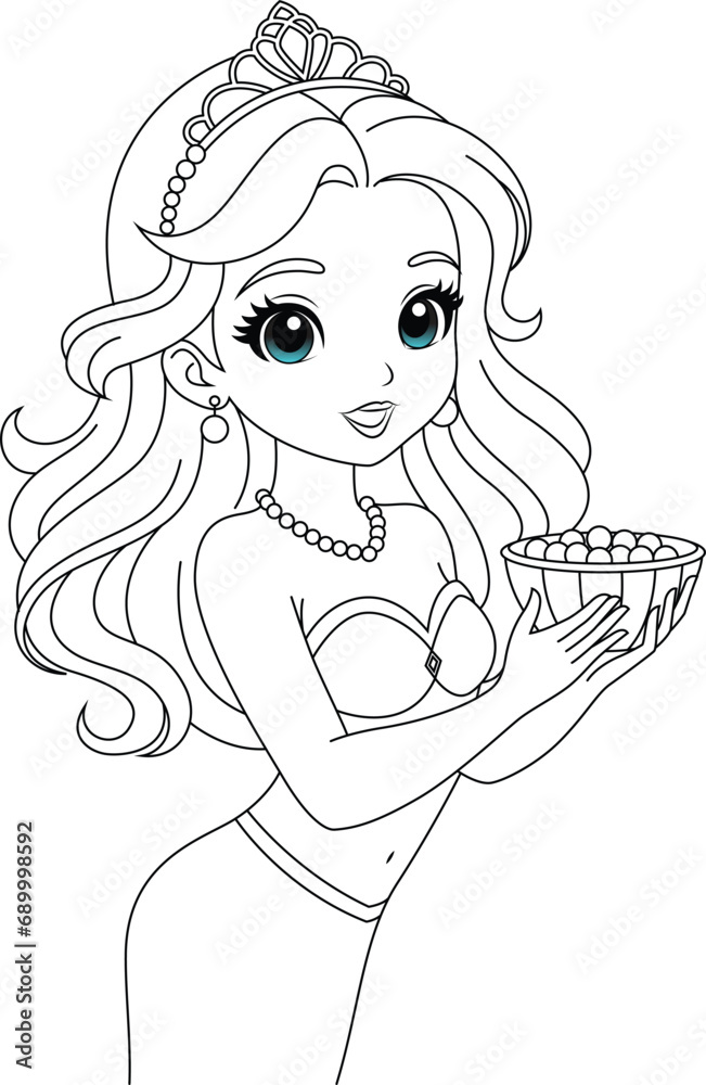 Kawaii mermaid princess collecting pearls in a basket coloring page Kawaii mermaid princess collecting pearls in a basket coloring page