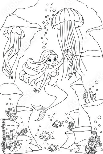 Kawaii mermaid princess playing with jellyfish coloring page