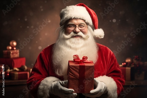 Christmas santa claus with gift box, copy space with generative ai photo