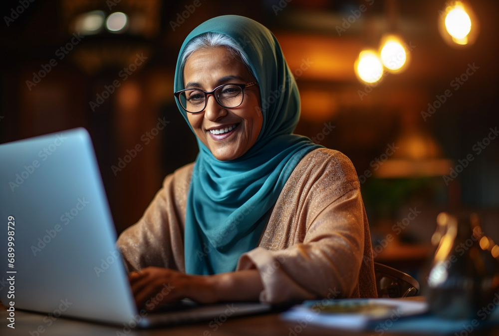 Attractive senior Arab woman sitting in front of a laptop smiling Attractive senior Arab woman sitting in front of a laptop smiling