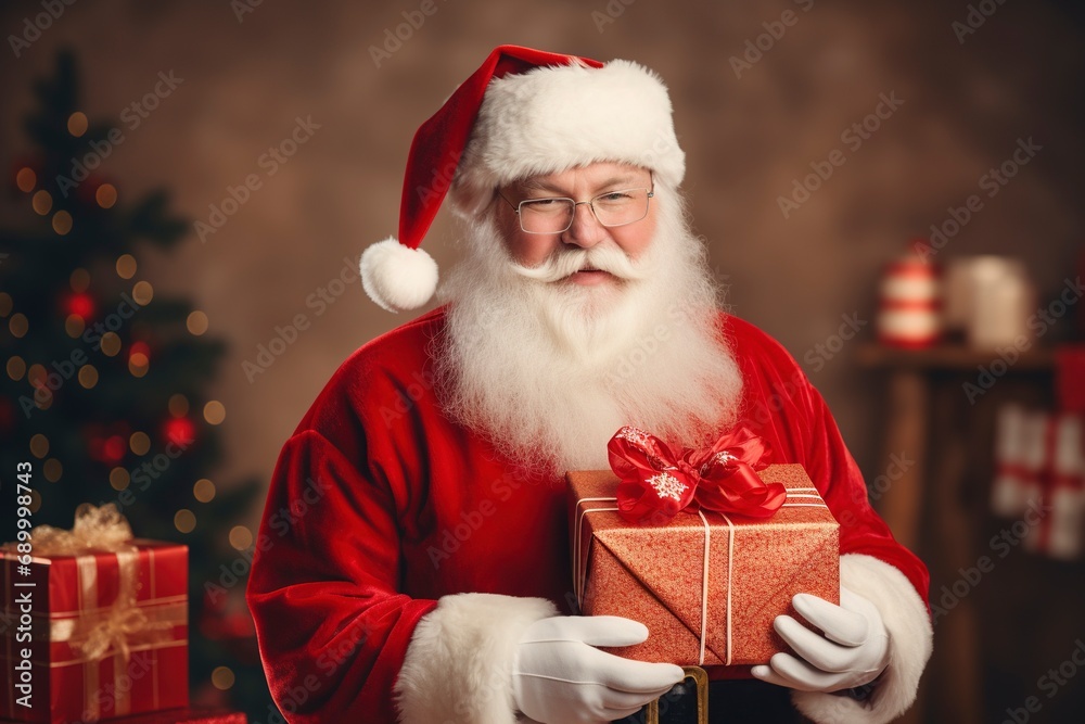 Christmas santa claus with gift box, copy space with generative ai Christmas santa claus with gift box, copy space with generative ai