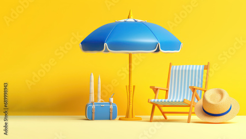 3d render of beach items umbella chair and hat on blue background.
