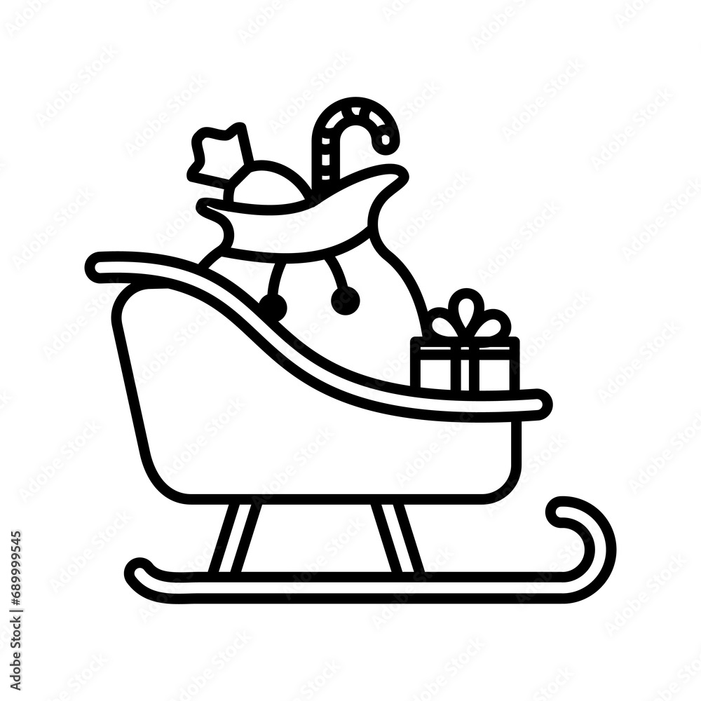 Vector Illustration of Christmas Sleigh Icon, santa's sleigh with christmas gifts, isolated on white background in line style. Vector Illustration of Christmas Sleigh Icon, santa's sleigh with christmas gifts, isolated on white background in line style.