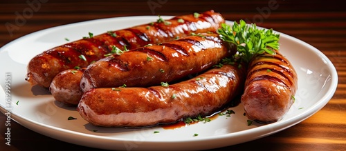 Grilled bratwurst on the plate.